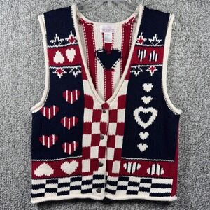 Kenji Heart Button Front Knit Sweater Vest 90s Americana Red White Blue Womens L